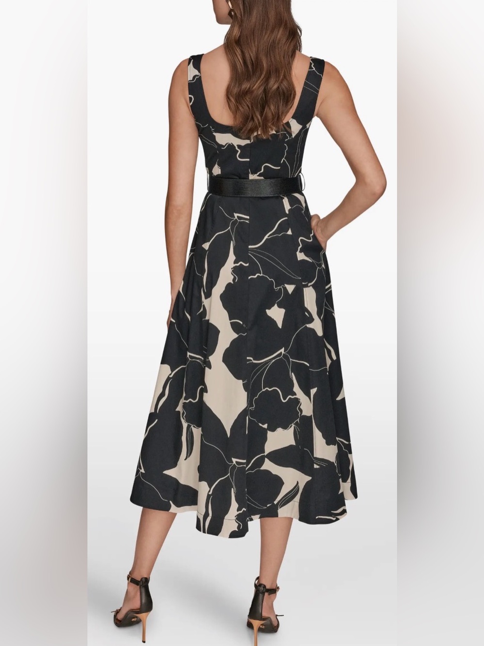 NEW DONNA KARAN Belted Fit & Flare Black Midi Dress sz 8 - Picture 2 of 8